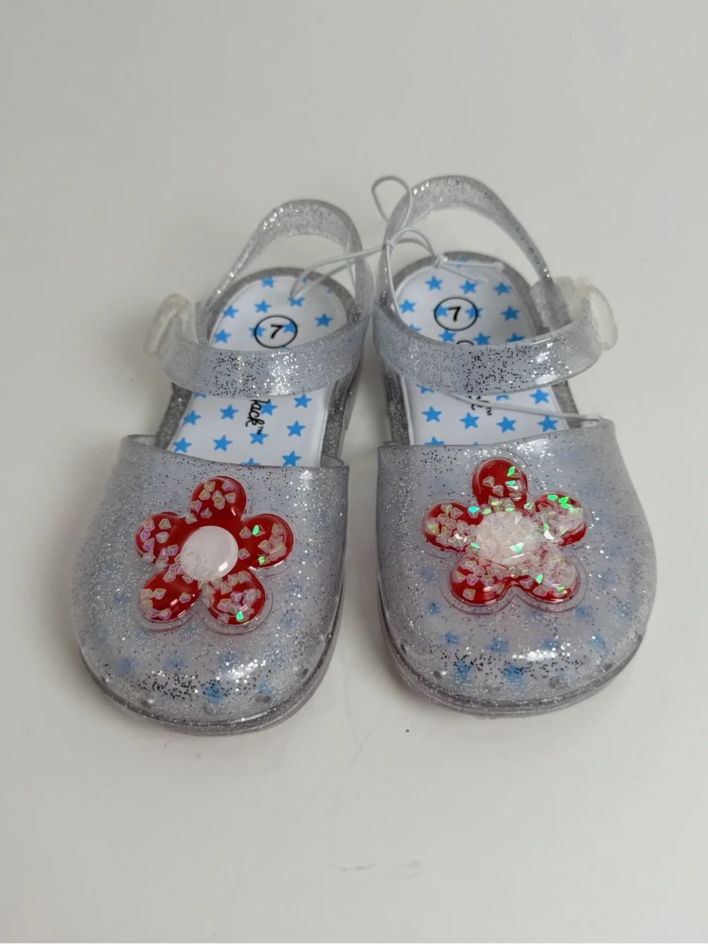 Cat & Jack Clear Silver Glitter Jelly Sandals with Red Flower Accent